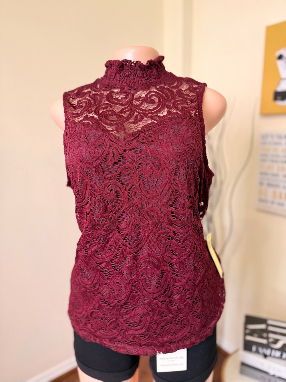 PerSeption Concept Burgundy Lace High-Neck Sleeveless Top